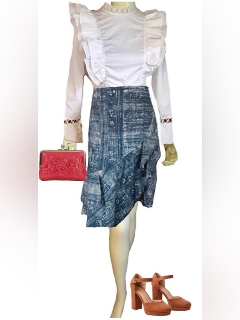 LAUREN RALPH LAUREN "INDIGO MULTI" BLUE AND WHITE RUFFLE SKIRT NWT (12)